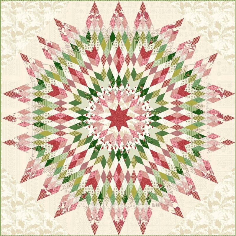Amaryllis  Quilt Pattern by Laundry Basket Quilts shows a large lone star quilt variation in cream pink and green that would liven up your holiday dÃ©cor.