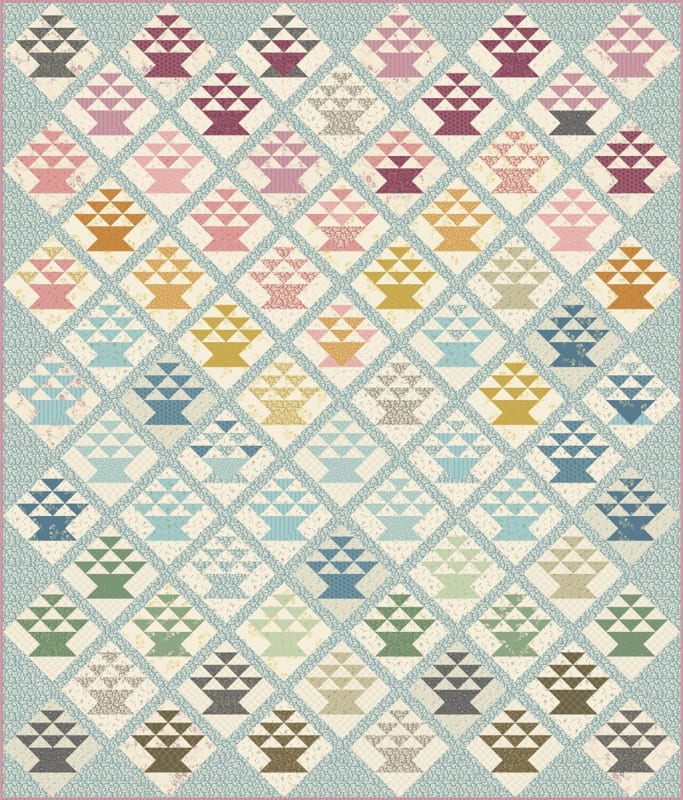 Candy Basket Quilt Pattern by Laundry Basket Quilts shows a pretty basket quilt, in a diagonal set, sewn with springtime colored fabrics from the Sewing Basket Collections.