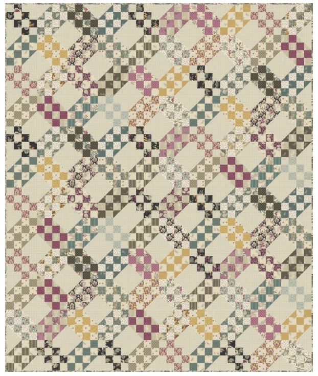 English Garden Checkerboard Quilt Pattern by Laundry Basket Quilts shows a striking quilt with lots of repetitive chains, in shades of berry, gold,cream and black and mint. English Garden Checkerboard Quilt Pattern by Laundry Basket Quilts shows a striking quilt with lots of repetitive chains, in shades of berry, gold,cream and black and mint.