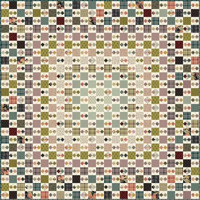 This pattern makes the intricate pieced quilt shown in a large variety of scrappy colors made from very small blocks. This pattern makes the intricate pieced quilt shown in a large variety of scrappy colors made from very small blocks.