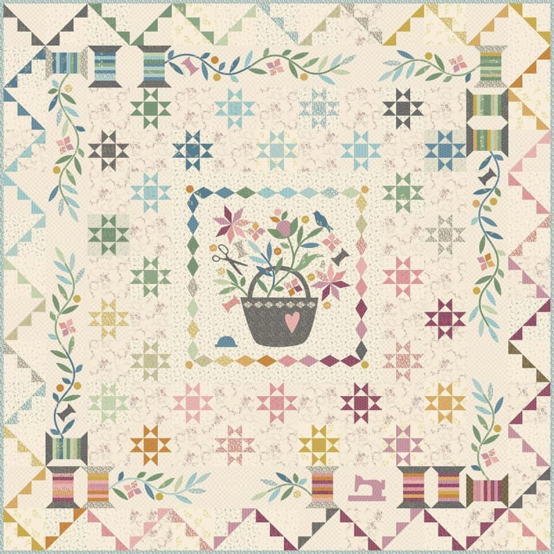 Sewing Basket Quilt Pattern by Laundry Basket Quilts shows a scrappy pieced and appliqued quilt in pastel colors on a variety of light cream background fabrics.