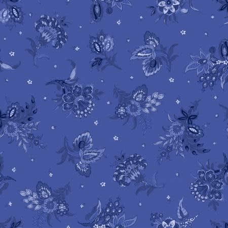 French Quarter  Medium Blue Floral shows a French blue small scale floral on a medium deep blue background.