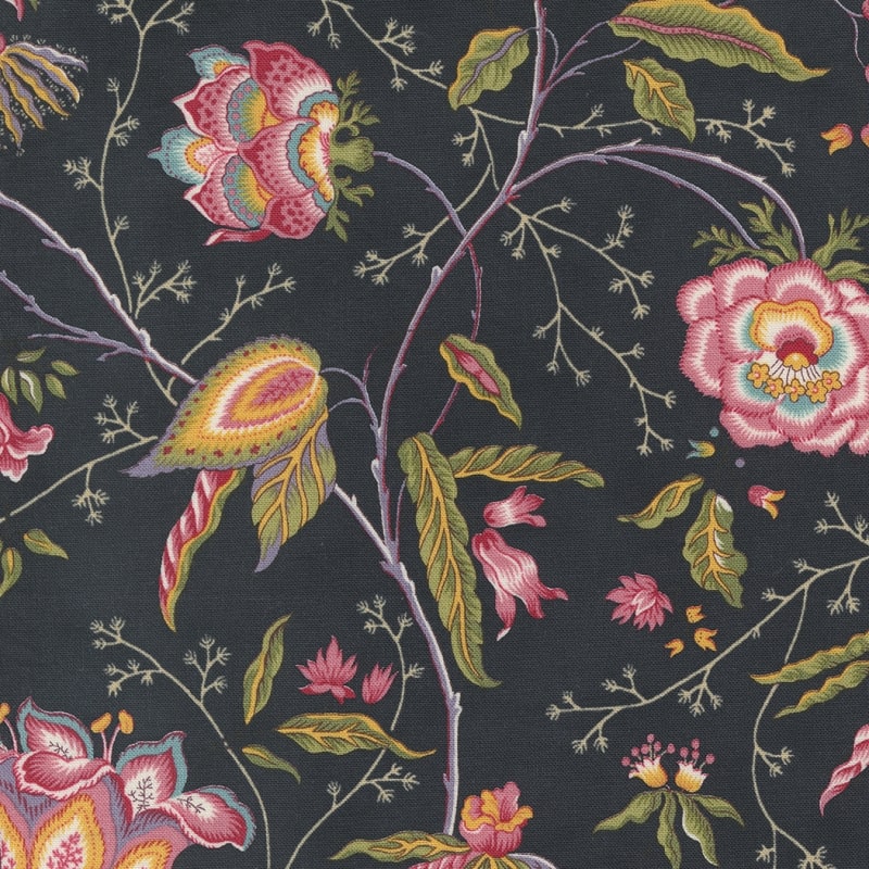 This fabric has a graceful pink and red floral motif on a black ground.