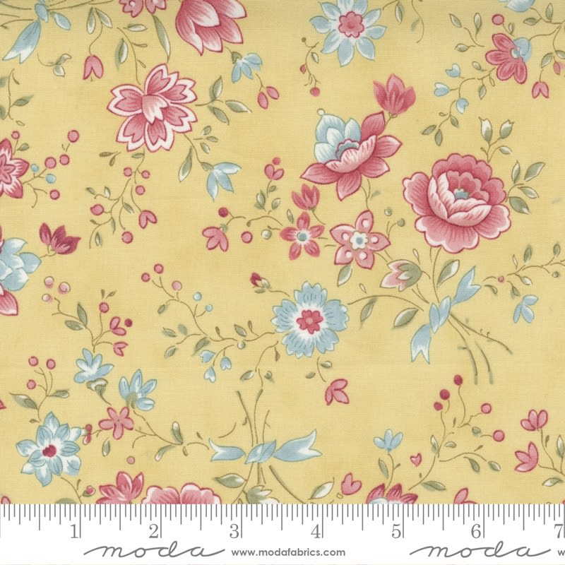 Delicate Trailing Vine floral with small and medium rose and blue flowers on Yellow ground Delicate Trailing Vine floral with small and medium rose and blue flowers on Yellow ground