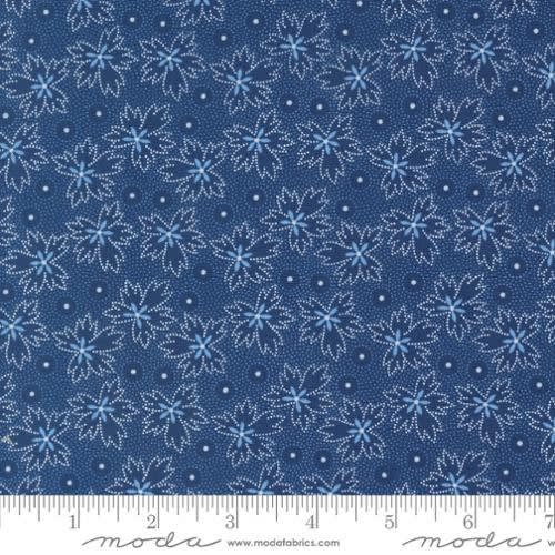 Denim & Daisies Prairie Blenders Leaf Dot shows a midnight blue outlined leaf and dot on a dark blue ground. Denim & Daisies Prairie Blenders Leaf Dot shows a midnight blue outlined leaf and dot on a dark blue ground.