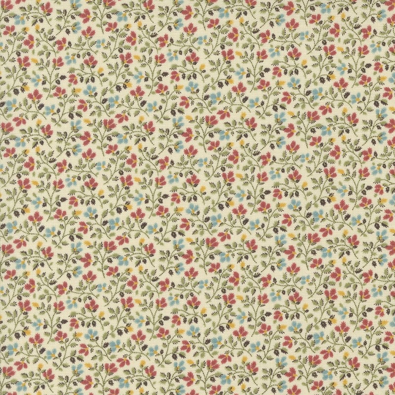 Dinah's Delight Teeny Leaves Cream by Betsy Chutchian shows a very pretty small leafy motif with botanical sprigs.