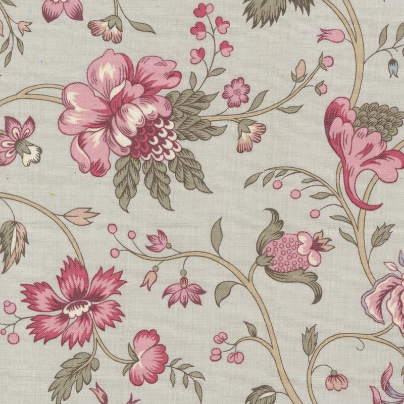 This fabric features a faded Smoke Grey  and a floral motif in shades of pink and rose.