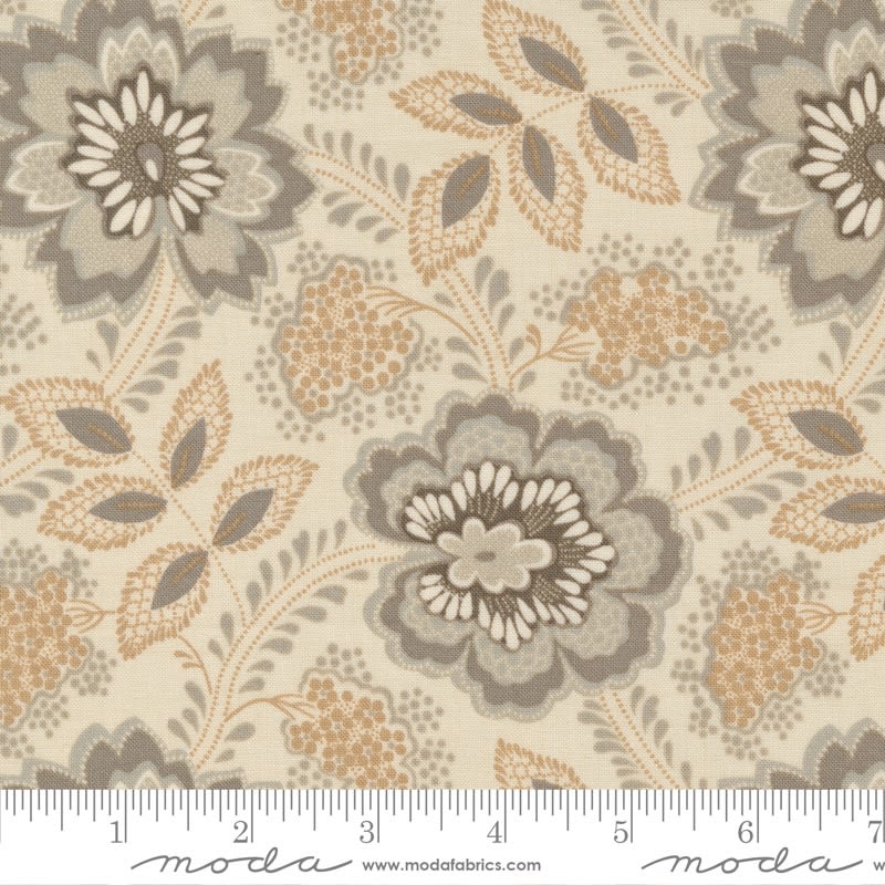 This fabric features a pearl ground and features an overall design of leaves in shades of neutral.