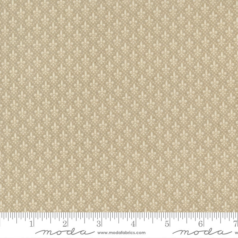 This fabric features a  small Fleur de Lis in an all over pattern, in neutral.