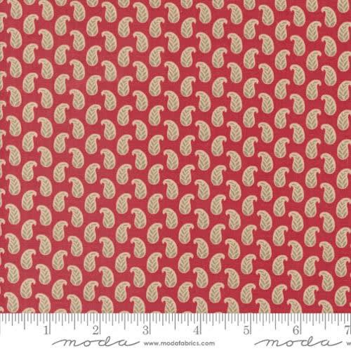 Rouenneries Trois Cherie Foulard  Rouge Red  shows a small  delicate paisley like foularad print from the 19th century.