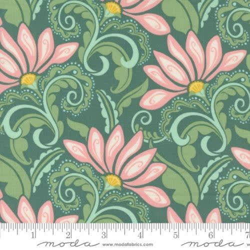 Tango Valencia Basil 27331 21 shows an art deco inspired floral with pink petals, green leaves, and aqua blue accents on a darker green ground.