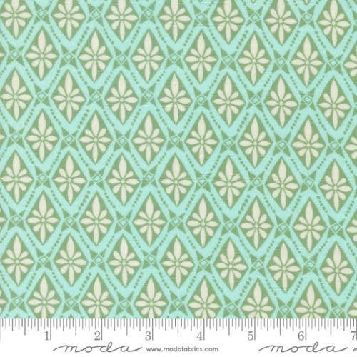 Tango Bolero Petal 27336-22 shows a diamond motif in a tightly packed repeat in aqua blue and green.