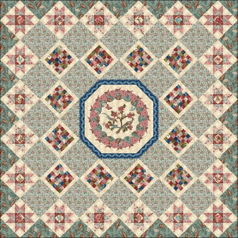 Abingdon Quilt Pattern by Michelle Yeo shows a quilt with an appliqued center, surrounded by pieced blocks.