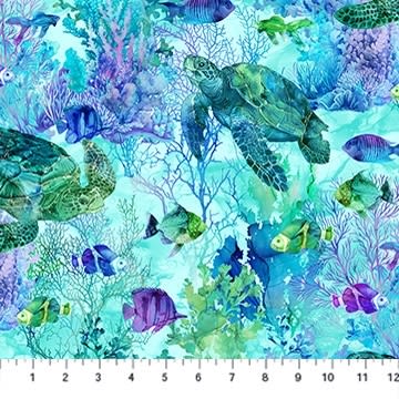 CORAL REEF: Coral Reef Turtle & Fish DP28877-66 Turquoise Northcott Fabrics CORAL REEF: Coral Reef Turtle & Fish DP28877-66 Turquoise Northcott Fabrics