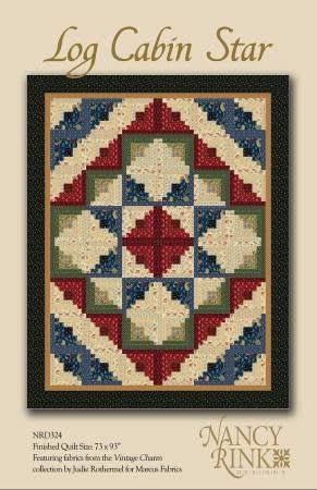 LOG CABIN STAR Quilt Pattern from Nancy Rink Designsshows a quilt with blocks set on-point for a dramatic effect and with a dark floral border.