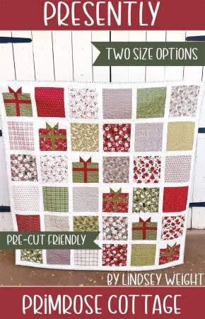 Presently Quilt Pattern  from Primrose Cottage Stitches shows boxes of Christmas presents, some with bows, some without.