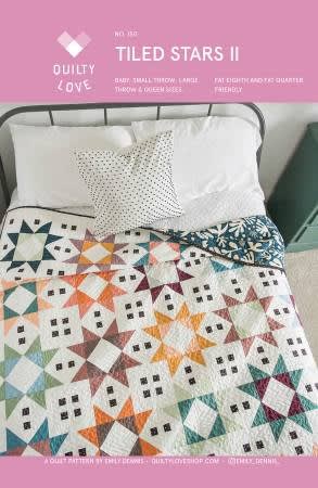 Tiled Stars 2 Quilt Pattern by Quilty Love shows a picture of a quilt with star blocks looking down on the bed,  with blocks of many different colors on a cream background and a straight block set.