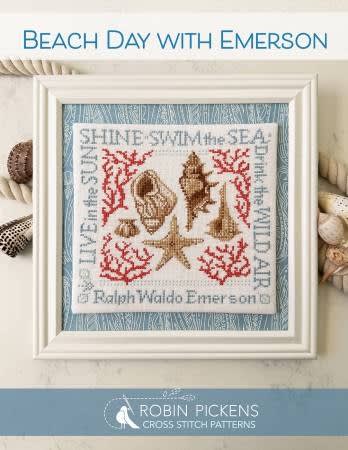 Beach Day with Emerson Cross Stitch Pattern by Robin Pickens shows a display of seashells, coral and a star fish with a saying by Ralph Waldo Emerson framing them.