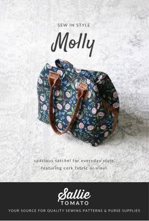 Molly Satchel Bag Pattern by Sallie Tomato shows a medium size curvy bag, that can be a crossbody bag if desired  in a pretty fabrics for a chic modern look.