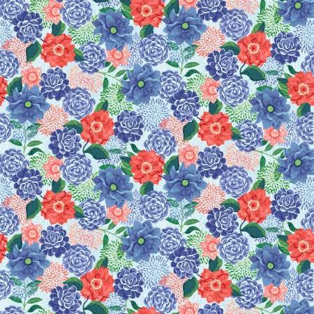 Bella Blue Bird Light Blue Floral by Jennifer Brinley shows a densely packed floral in shades of blue and red.