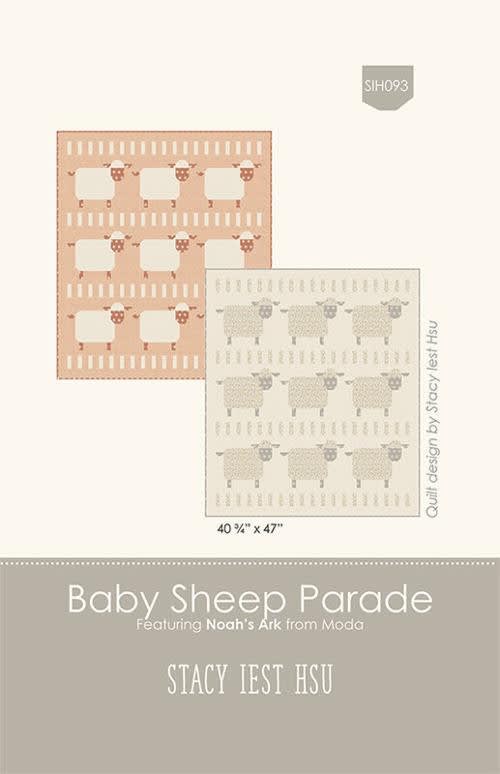 Baby Sheep Parade Quilt Pattern by Stacy Iest Hsu shows three rows of sheep, with three sheep in each row in a very neutral, tone on tone color palette.