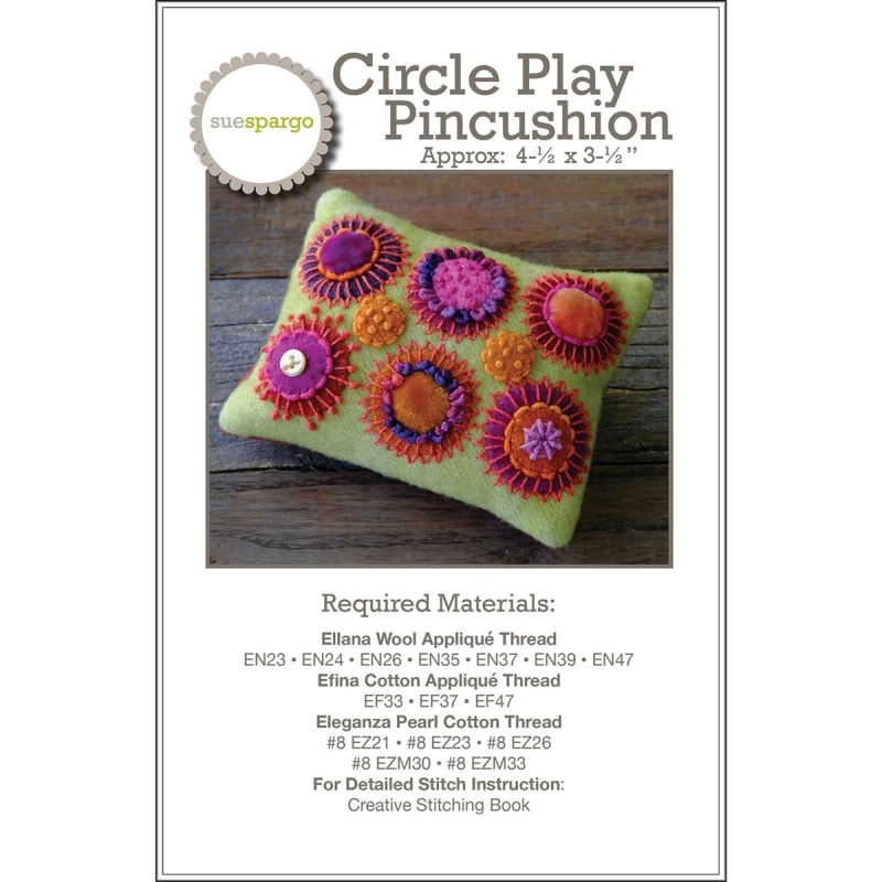 Circle Play Pincushion Pattern by Sue Spargo6 hand embroidered wool & velvet circles, heavily embellished with threads.
