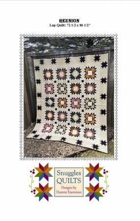 The cover of the Reunion Quilt Pattern by Snuggles Quilt shows a scrappy quilt set on a cream background with a border of black stars on each edge.