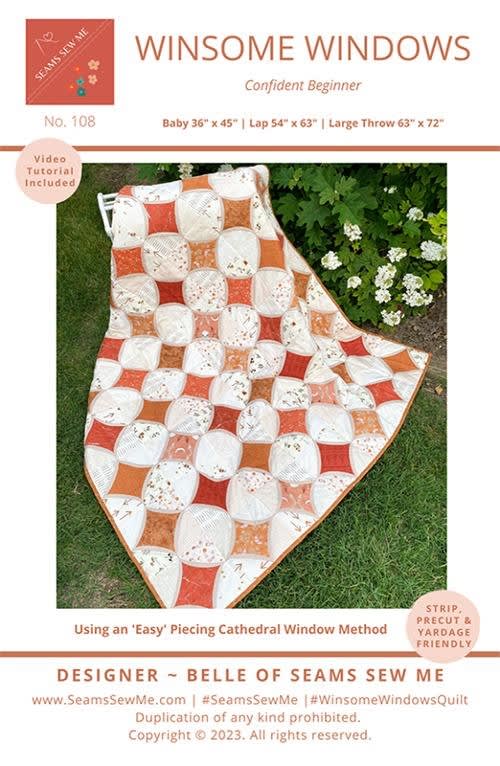 Winsome Windows Quilt Pattern by  SEAMS SEW ME shows a cathedral window quilt.