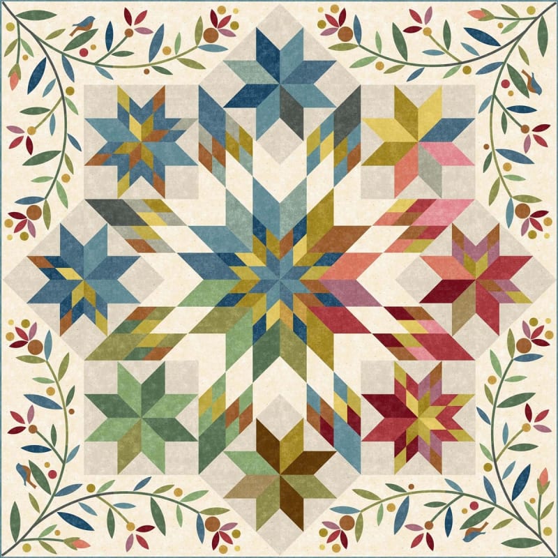 Silhouettes: Tea Dye by Laundry Basket Quilts shows a vibrant, multi-colored quilt with appliqued silhouettes in the border.