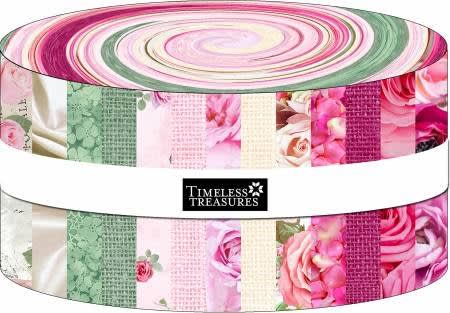 BELLEROSE shows a jelly roll of the Bellerose Collection in pink, red, cream and green fabrics.
