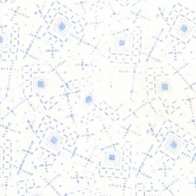 TONGA BLUEBELL BATIK Mist Geo Lines & Dots # B1503-MIST shows an tossed motif of blue squares and dots in a random arrangement of full and partial elements on a white ground.