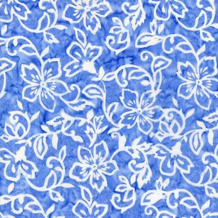 TONGA BLUEBELL BATIK  Delft Whimsey Flower # B3255-DELFTshows white flowers on a medium cobolt blue  ground.