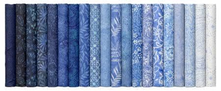 TONGA BLUEBELL BATIK HALFYARD CUTS BUNDLE shows all twenty fabrics from dark to light in the Tonga Bluebell Collection.