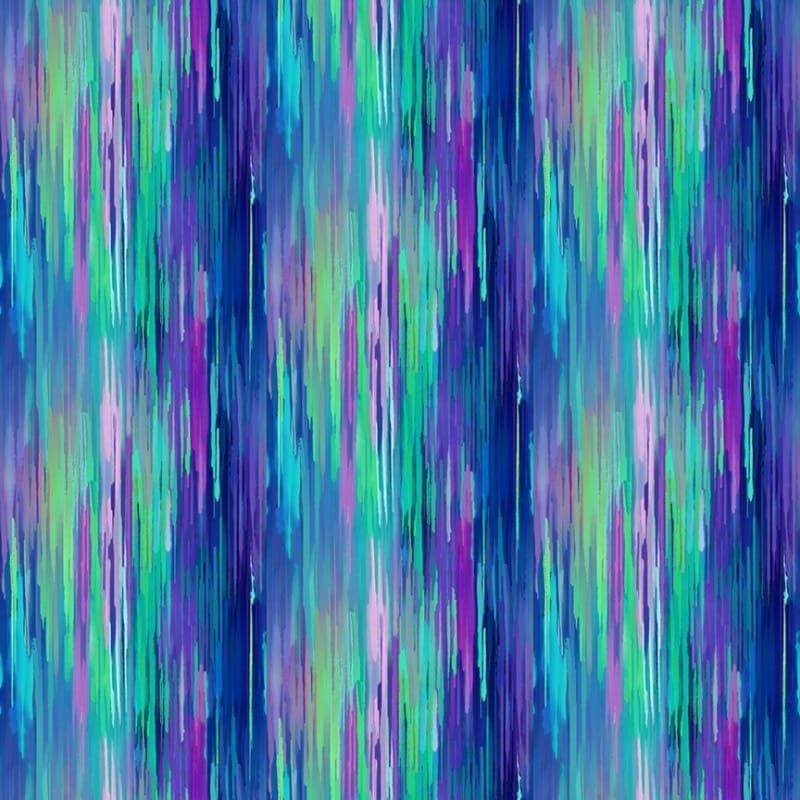 Dragonfly Illusions: Fantasy Illusion Stripe # CD3213-FANTASY shows a very narrow, modern, stripe motif in bright colors of purple, blue, teal, and green.
