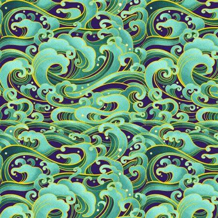 Shizuka Green Textured Waves Metallic  shows a bright green and gold wave design on a rich black background.