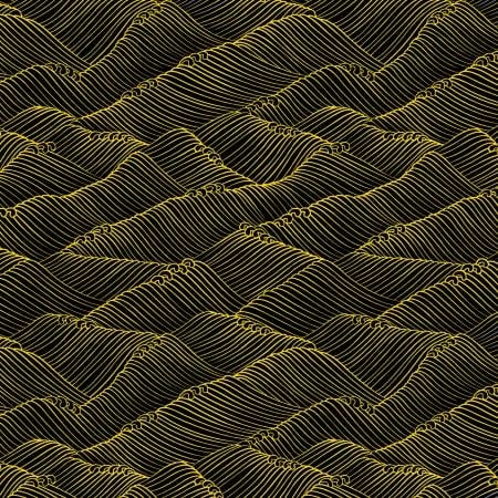 Shizuka Black Surf Texture Metallic  shows a bright  gold metallic wave design on a rich black background.