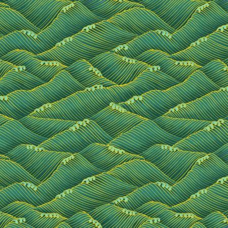 Shizuka Green Surf Texture Metallic shows a bright  gold metallic wave design on a rich green  background.