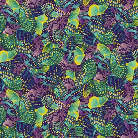 Shizuka Multi Packed Butterfly Wings Metallic shows a beautiful array of butterflies in multiple shades ofpurple,blue and green on a black background in a densly packed design