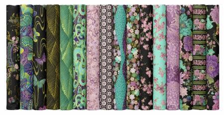 Shizuka Fat Quarter Bundle (15)  by Chonga-A Hwangshows a beautiful array of butterflies in multiple shades of purple,blue and green on a black background in a densly packed design
