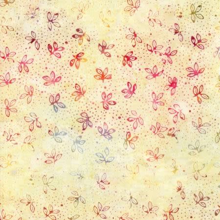 Haze Dainty Petals And Dots from the Tonga Batik Sunset Collection shows a motif of petals and dots on a neutral buttery ground with accents of fuschia, red and orange.