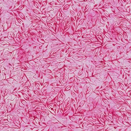 Tonga Sunset Batik Pink Leaf Study B4616-PINK shows a lighter pink batik with an overall motif of tossed leaves in a tone on tone coloration.