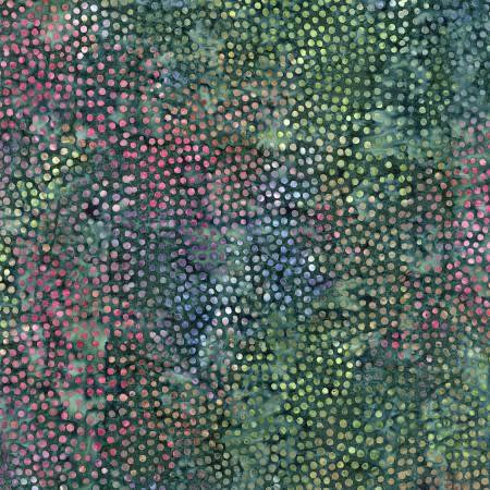 Tonga Sunset Batik Spruce Spots # B3798-SPRUCE shows a green batik with a spot or dot motif with blue and pink dots in a cool toned coloration.