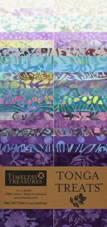 Tonga Treats Batik PARADISE  Strip Pack by Timeless Treasures shows a strip pack of 2 1/2" strips in blues, teals, lavenders and purples.