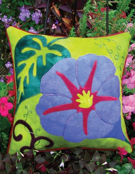 Gorgeous Morning Glory pillow  beautifully designed wool applique, crafted in buttery soft, hand dyed wool in vibrant color.