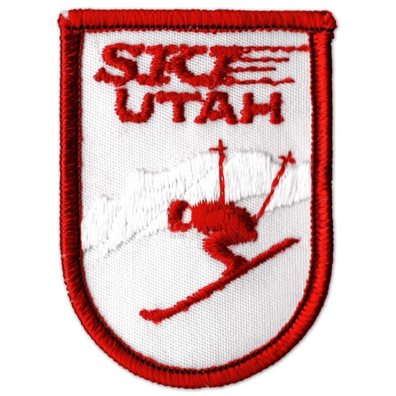 Ski Utah Vintage 1970s Embroidered Red and White Ski Patch, 2 x 2 3/4 inches