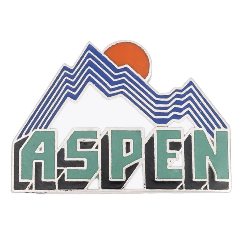 Aspen Mountain Sunrise Vintage Ski Pin; The pin's outlining of the text & mountains are a beautiful Silver, but due to the photography, the image only vaguely shows this as gray. Size 7/8 x 5/8 Inches