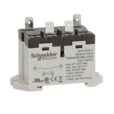 Schneider Electric 725AXXBC3ML-120A Power relay 30A 1NO 120VAC LED push button blade terminals DIN or panel mount industrial component