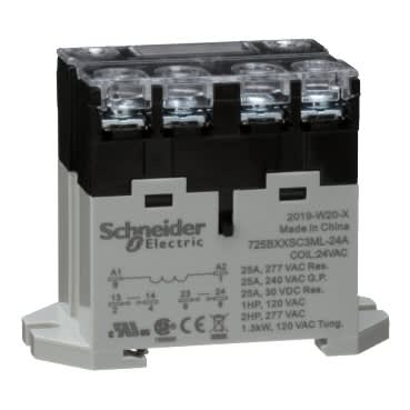 Schneider Electric 725BXXSC3ML-24A Power relay 25A 2NO 24VAC LED push button screw terminals DIN or panel mount industrial component