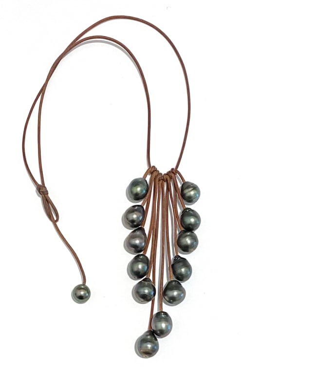 Wendy Mignot Waterfall Twelve Tahitian Pearl and Leather Necklace