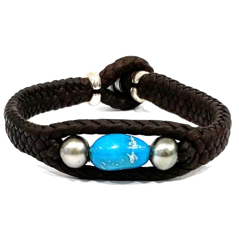 photo of Wendy Mignot Laredo Trio Turquoise and Tahitian Pearl and Leather Braided Bracelet with Silver Accents 3